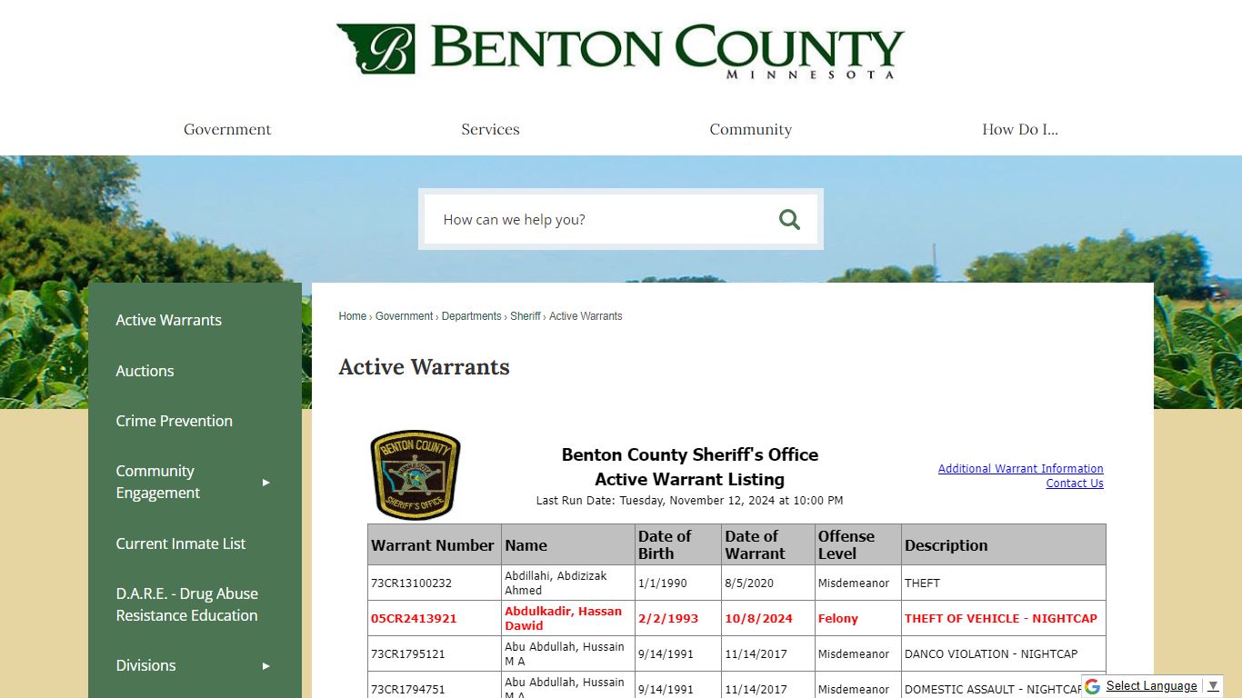 Active Warrants | Benton County, MN